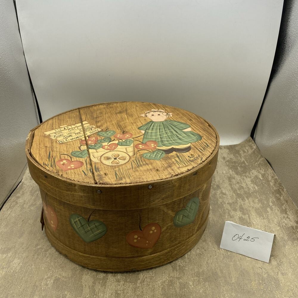 Vintage Round WOODEN Cheese Box 11.5” Diameter Hand Painted Hearts & Signed